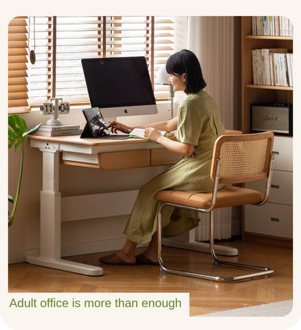 Beech Solid Wood Hand Crank Height Adjustable Study Desk for Children Natural Finish with Storage Basket