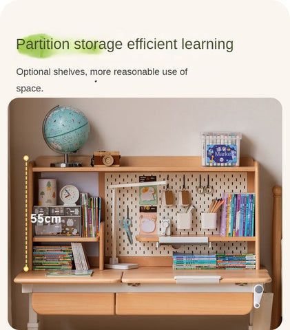 Beech Solid Wood Hand Crank Height Adjustable Study Desk for Children Natural Finish with Storage Basket