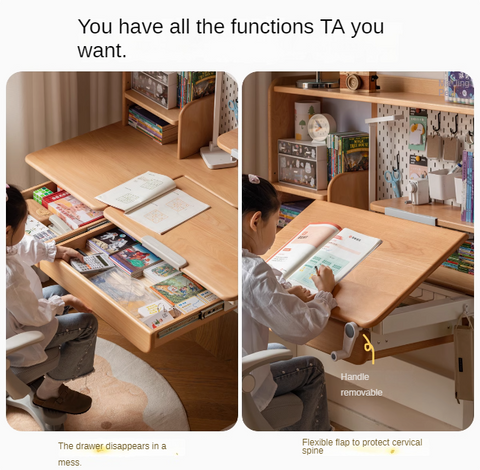 Beech Solid Wood Hand Crank Height Adjustable Study Desk for Children Natural Finish with Storage Basket