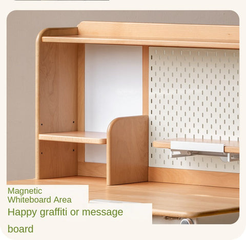 Beech Solid Wood Hand Crank Height Adjustable Study Desk for Children Natural Finish with Storage Basket