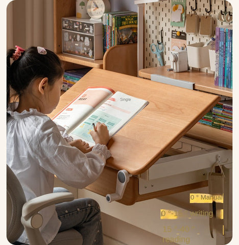 Beech Solid Wood Hand Crank Height Adjustable Study Desk for Children Natural Finish with Storage Basket