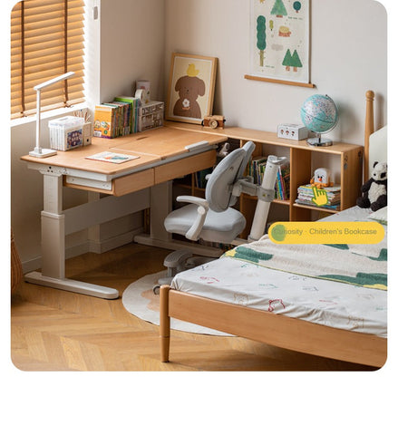Beech Solid Wood Hand Crank Height Adjustable Study Desk for Children Natural Finish with Storage Basket