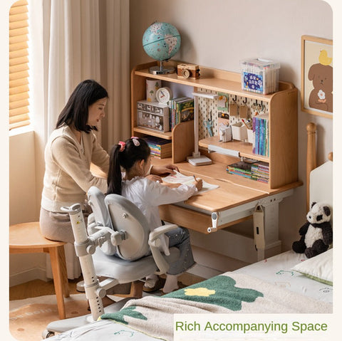 Beech Solid Wood Hand Crank Height Adjustable Study Desk for Children Natural Finish with Storage Basket