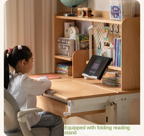 Beech Solid Wood Hand Crank Height Adjustable Study Desk for Children Natural Finish with Storage Basket
