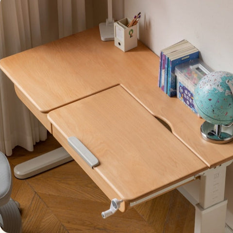 Beech Solid Wood Hand Crank Height Adjustable Study Desk for Children Natural Finish with Storage Basket