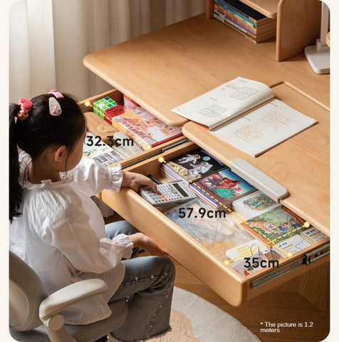 Beech Solid Wood Hand Crank Height Adjustable Study Desk for Children Natural Finish with Storage Basket