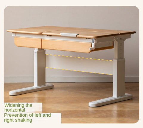Beech Solid Wood Hand Crank Height Adjustable Study Desk for Children Natural Finish with Storage Basket