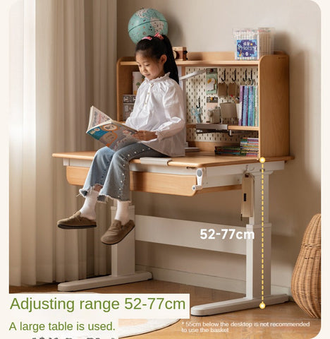 Beech Solid Wood Hand Crank Height Adjustable Study Desk for Children Natural Finish with Storage Basket
