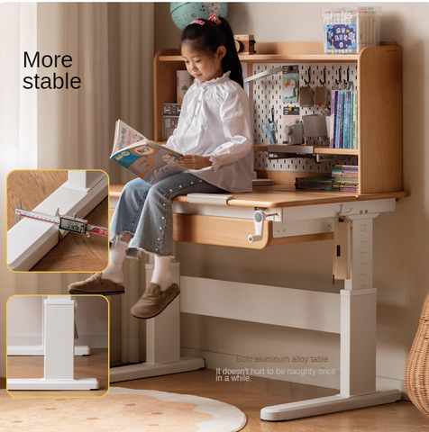 Beech Solid Wood Hand Crank Height Adjustable Study Desk for Children Natural Finish with Storage Basket