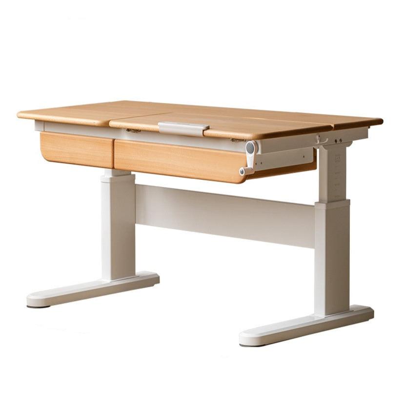 Beech Solid Wood Hand Crank Height Adjustable Study Desk for Children Natural Finish with Storage Basket