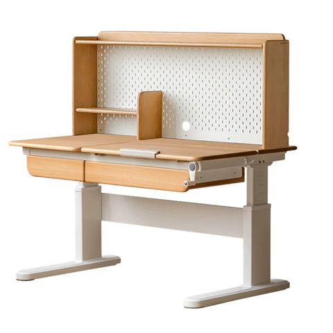 Beech Solid Wood Hand Crank Height Adjustable Study Desk for Children Natural Finish with Storage Basket