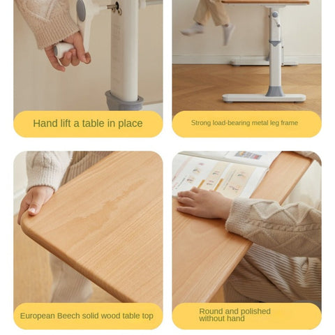 Beech Solid Wood Adjustable Liftable Study Desk for Children Natural Finish Modern Minimalist