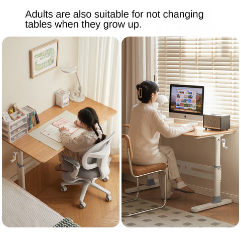 Beech Solid Wood Adjustable Liftable Study Desk for Children Natural Finish Modern Minimalist