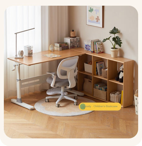 Beech Solid Wood Adjustable Liftable Study Desk for Children Natural Finish Modern Minimalist