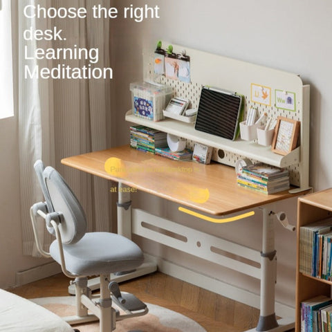 Beech Solid Wood Adjustable Liftable Study Desk for Children Natural Finish Modern Minimalist