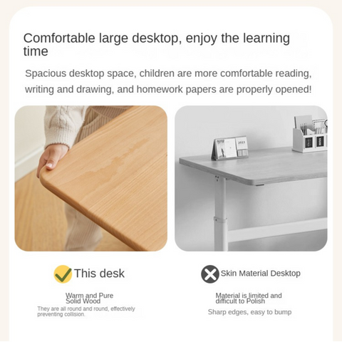 Beech Solid Wood Adjustable Liftable Study Desk for Children Natural Finish Modern Minimalist