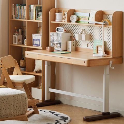 Beech Solid Wood Adjustable Children Study Table Hand Crank Lift Writing Desk Walnut Frame Modern Design