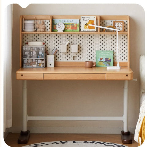 Beech Solid Wood Adjustable Children Study Table Hand Crank Lift Writing Desk Walnut Frame Modern Design