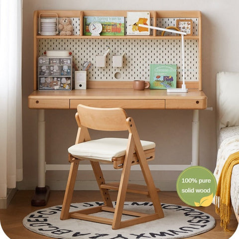 Beech Solid Wood Adjustable Children Study Table Hand Crank Lift Writing Desk Walnut Frame Modern Design