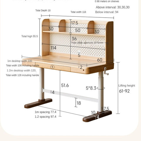 Beech Solid Wood Adjustable Children Study Table Hand Crank Lift Writing Desk Walnut Frame Modern Design