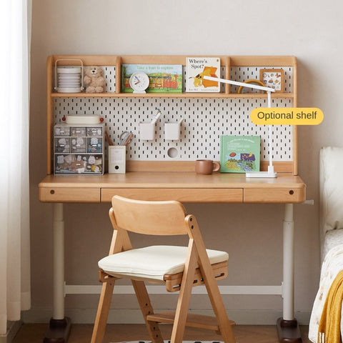 Beech Solid Wood Adjustable Children Study Table Hand Crank Lift Writing Desk Walnut Frame Modern Design