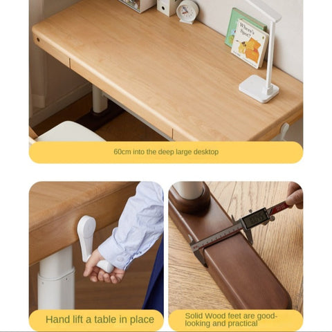 Beech Solid Wood Adjustable Children Study Table Hand Crank Lift Writing Desk Walnut Frame Modern Design