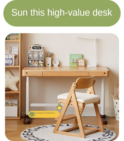 Beech Solid Wood Adjustable Children Study Table Hand Crank Lift Writing Desk Walnut Frame Modern Design
