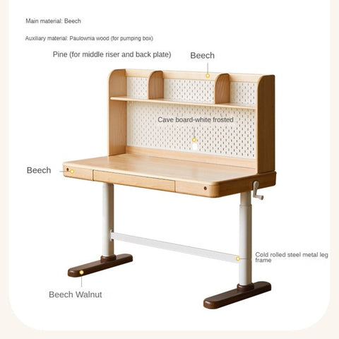Beech Solid Wood Adjustable Children Study Table Hand Crank Lift Writing Desk Walnut Frame Modern Design