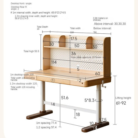 Beech Solid Wood Adjustable Children Study Desk Natural Finish Lift for Home Primary School
