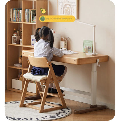 Beech Solid Wood Adjustable Children Study Desk Natural Finish Lift for Home Primary School