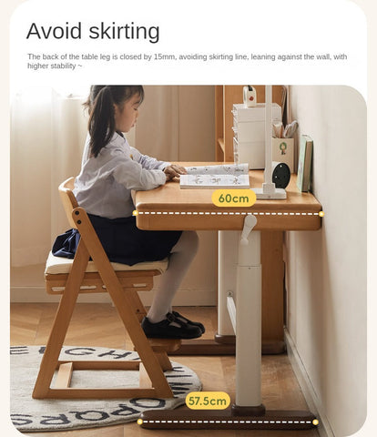 Beech Solid Wood Adjustable Children Study Desk Natural Finish Lift for Home Primary School