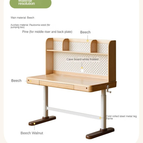 Beech Solid Wood Adjustable Children Study Desk Natural Finish Lift for Home Primary School