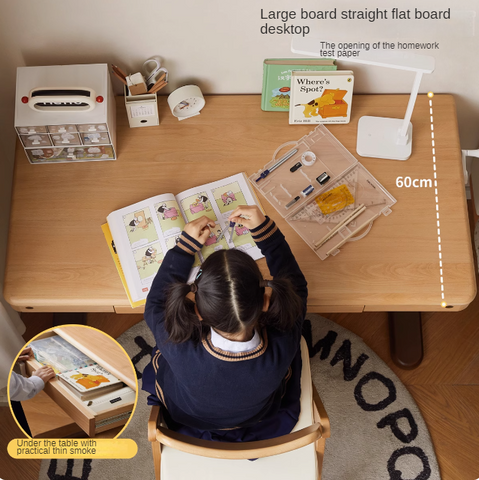 Beech Solid Wood Adjustable Children Study Desk Natural Finish Lift for Home Primary School