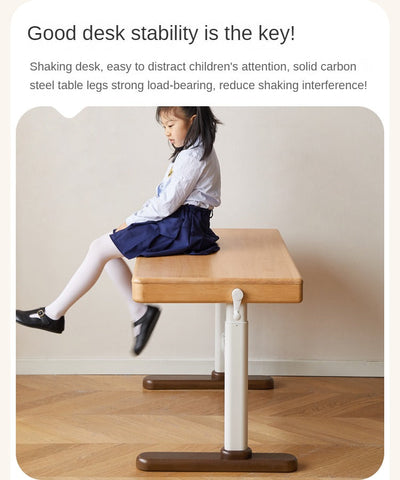 Beech Solid Wood Adjustable Children Study Desk Natural Finish Lift for Home Primary School