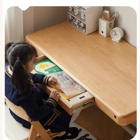 Beech Solid Wood Adjustable Children Study Desk Natural Finish Lift for Home Primary School