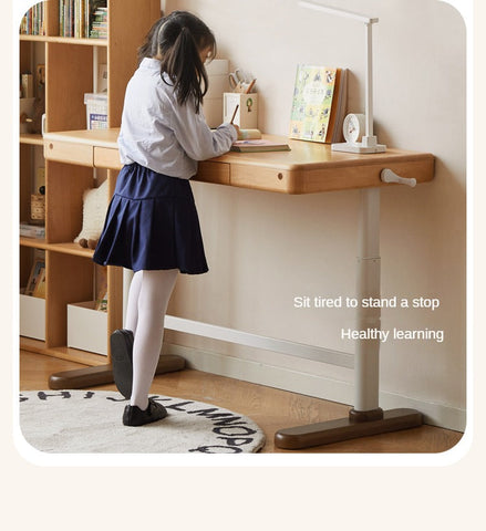 Beech Solid Wood Adjustable Children Study Desk Natural Finish Lift for Home Primary School