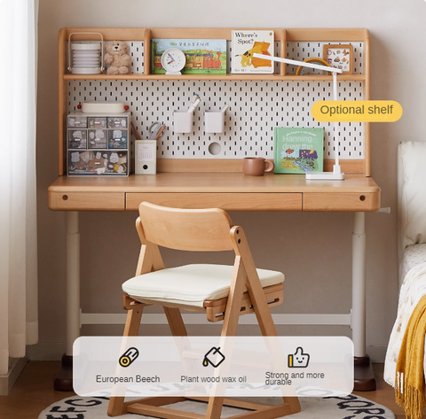 Beech Solid Wood Adjustable Children Study Desk Natural Finish Lift for Home Primary School
