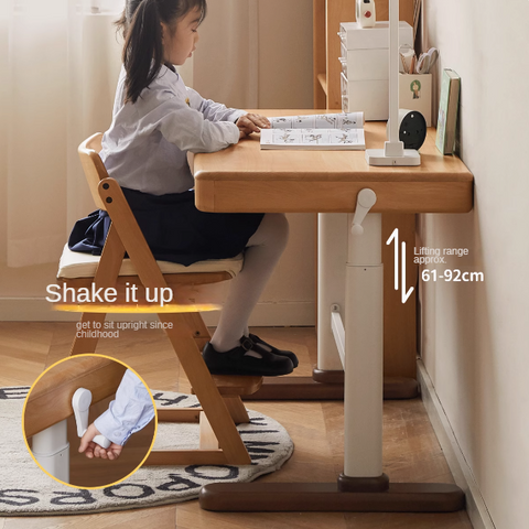 Beech Solid Wood Adjustable Children Study Desk Natural Finish Lift for Home Primary School