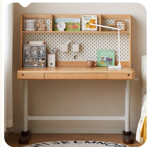 Beech Solid Wood Adjustable Children Study Desk Natural Finish Lift for Home Primary School