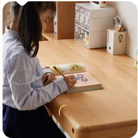 Beech Solid Wood Adjustable Children Study Desk Natural Finish Lift for Home Primary School