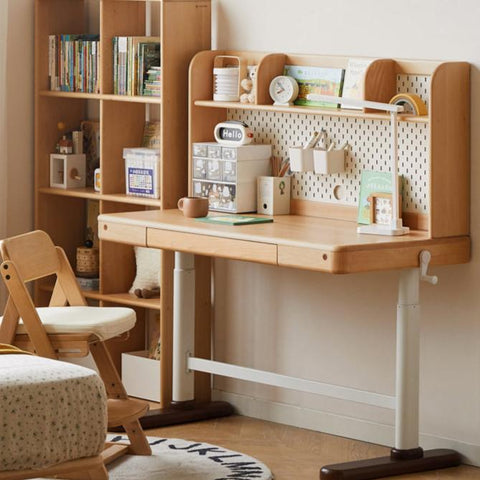 Beech Solid Wood Adjustable Children Study Desk Natural Finish Lift for Home Primary School