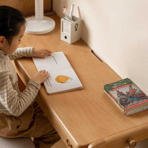 Beech Solid Wood Adjustable Height Study Desk Natural Finish Liftable Writing Table for Home & Office