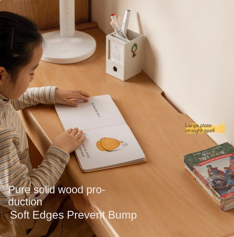 Beech Solid Wood Adjustable Height Study Desk Natural Finish Liftable Writing Table for Home & Office