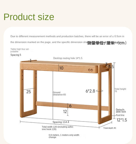 Beech Solid Wood Adjustable Height Study Desk Natural Finish Liftable Writing Table for Home & Office