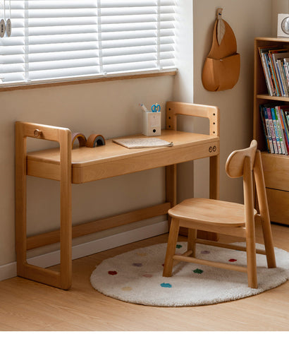 Beech Solid Wood Adjustable Height Study Desk Natural Finish Liftable Writing Table for Home & Office