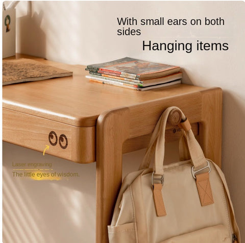 Beech Solid Wood Adjustable Height Study Desk Natural Finish Liftable Writing Table for Home & Office