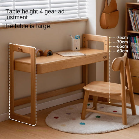 Beech Solid Wood Adjustable Height Study Desk Natural Finish Liftable Writing Table for Home & Office