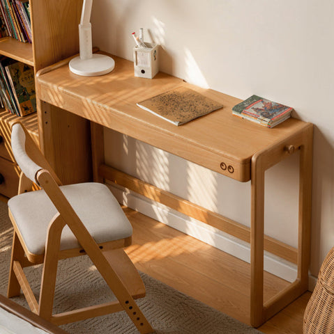 Beech Solid Wood Adjustable Height Study Desk Natural Finish Liftable Writing Table for Home & Office