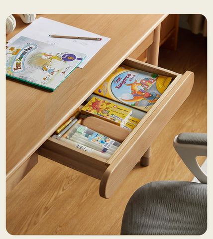 Beech Solid Wood Adjustable Study Table Natural Finish Kids Desk with Drawer & Storage