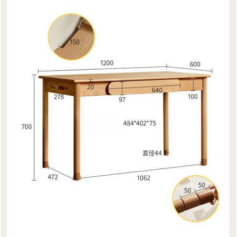 Beech Solid Wood Adjustable Study Table Natural Finish Kids Desk with Drawer & Storage